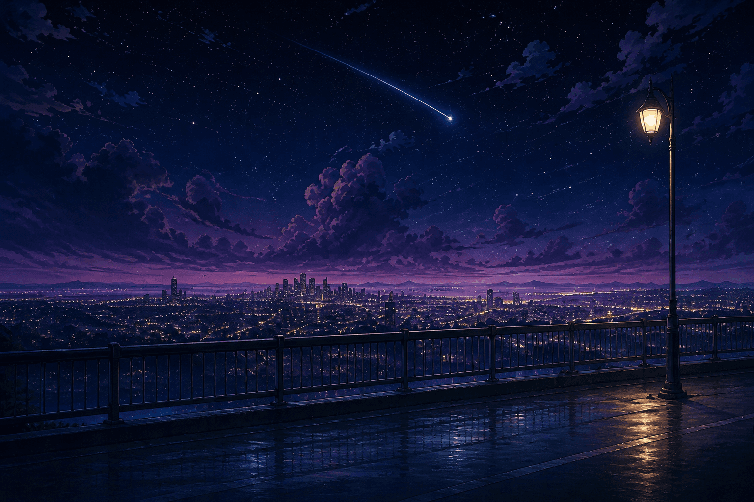 Painted night city from a bridge, with a street lamp and stars