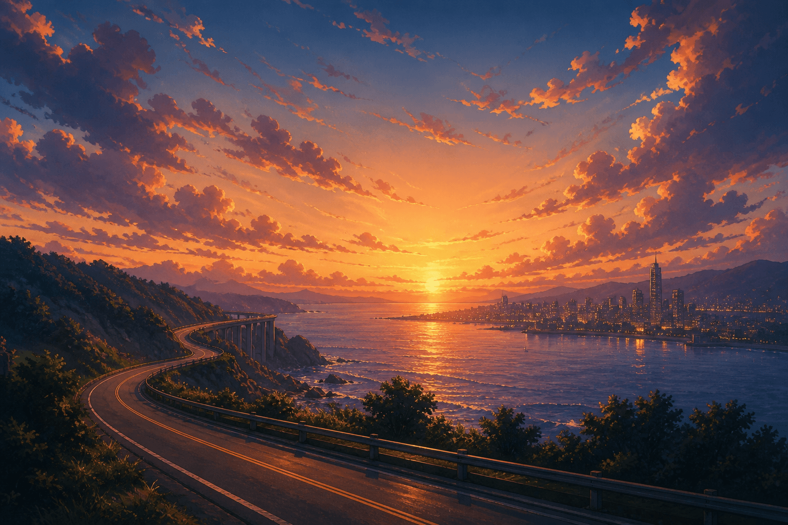 Painted coastal road and bridge at sunset