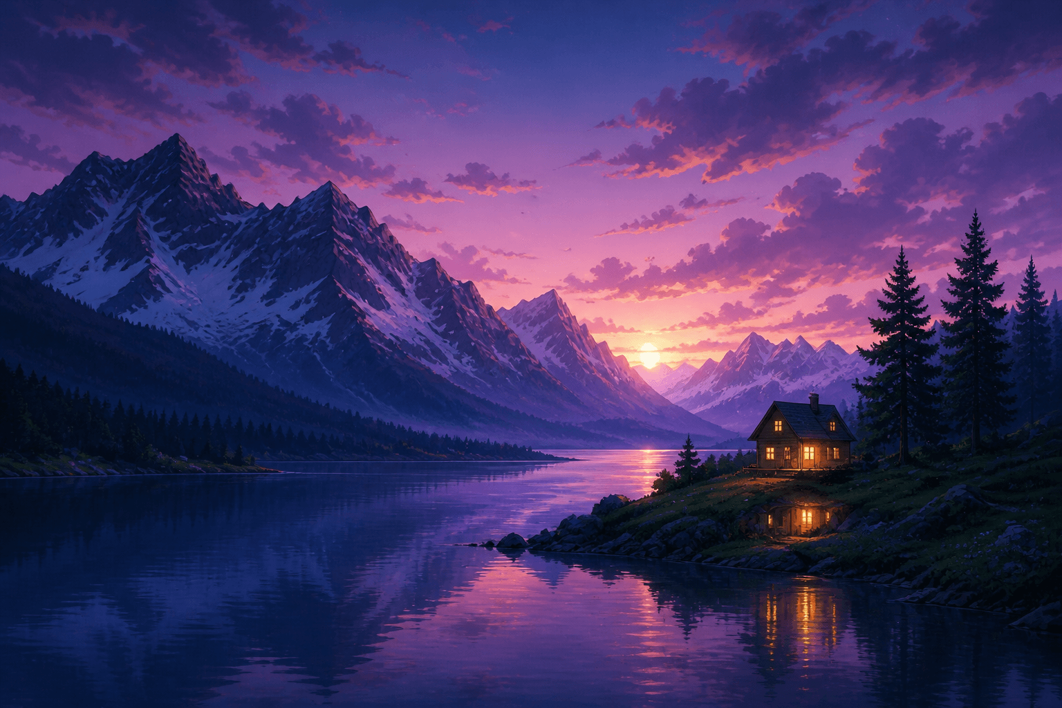 Painted alpine lake and cabin at purple twilight