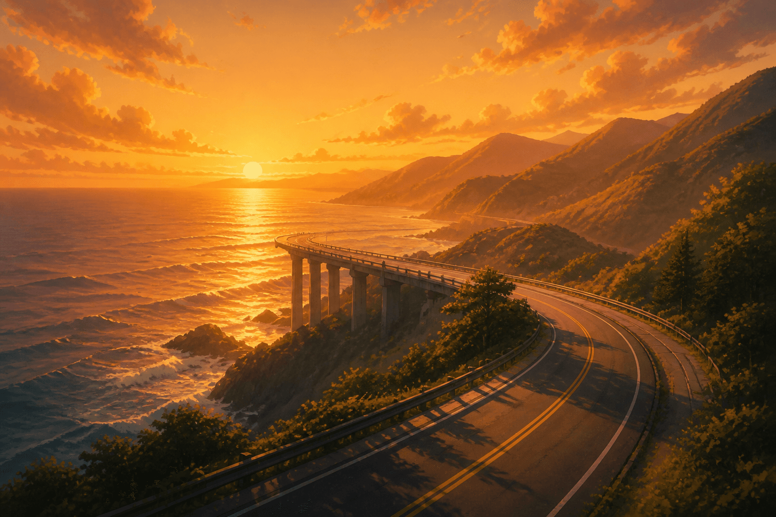 Painted mountain road and bridge in golden hour light